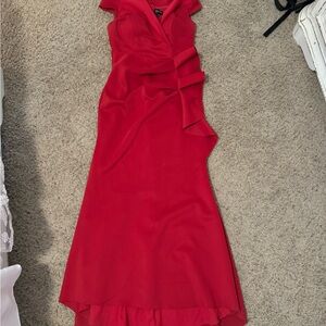 Xscape Red High Low Cocktail Gown with Notched Collar